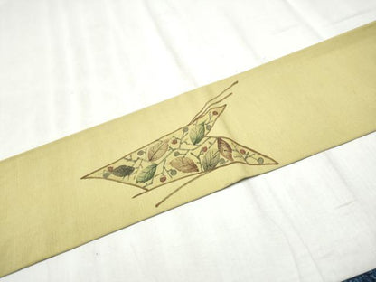 平和屋着物●九寸名古屋帯　紬地　枝葉文　正絹　逸品　CABD5882hy