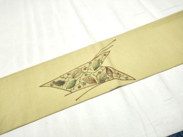 平和屋着物●九寸名古屋帯　紬地　枝葉文　正絹　逸品　CABD5882hy