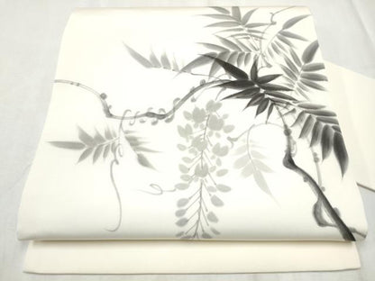 平和屋着物●塩瀬　九寸名古屋帯　作家物　手描き　藤花房　正絹　逸品　CABD5883hy