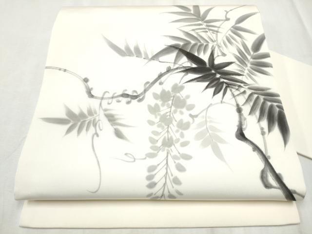 平和屋着物●塩瀬　九寸名古屋帯　作家物　手描き　藤花房　正絹　逸品　CABD5883hy
