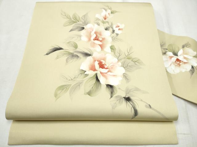 平和屋着物●塩瀬　九寸名古屋帯　作家物　手描き　枝花文　正絹　逸品　CABD5884hy