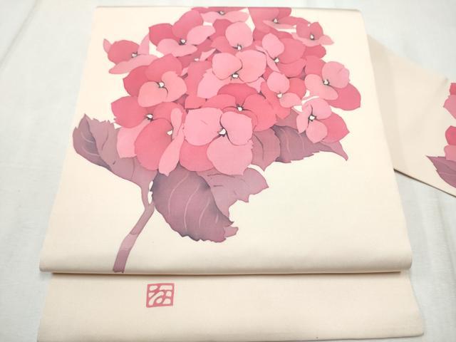 平和屋着物●塩瀬　九寸名古屋帯　作家物　ろうけつ染　紫陽花　正絹　逸品　CABD5889hy