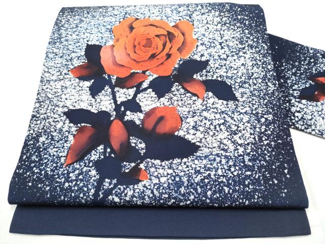 平和屋着物●塩瀬　九寸名古屋帯　手描き　ろうけつ染　薔薇　正絹　逸品　CABD5891hy