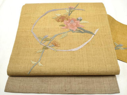 平和屋着物●中国三大刺繍　相良刺繍　総刺繍　九寸名古屋帯　紬地　枝花文　正絹　逸品　CABD5892hy