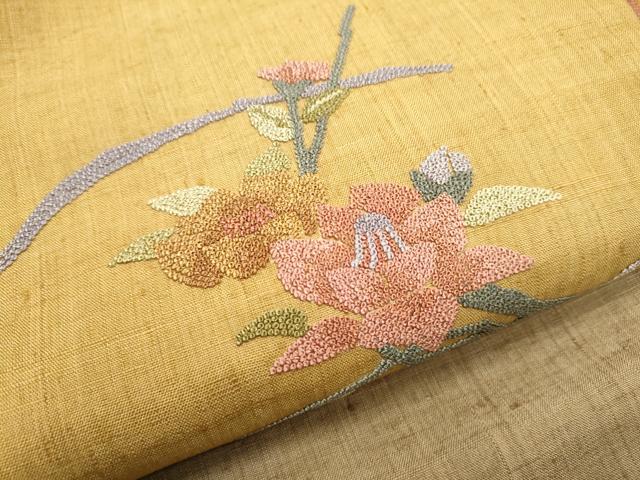 平和屋着物●中国三大刺繍　相良刺繍　総刺繍　九寸名古屋帯　紬地　枝花文　正絹　逸品　CABD5892hy