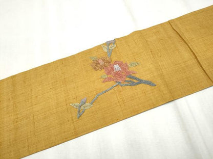 平和屋着物●中国三大刺繍　相良刺繍　総刺繍　九寸名古屋帯　紬地　枝花文　正絹　逸品　CABD5892hy