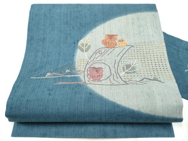 平和屋着物●中国三大刺繍　スワトウ相良刺繍　総刺繍　九寸名古屋帯　紬地　フクロウ　枝葉文　正絹　逸品　CABD5893hy