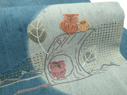 平和屋着物●中国三大刺繍　スワトウ相良刺繍　総刺繍　九寸名古屋帯　紬地　フクロウ　枝葉文　正絹　逸品　CABD5893hy
