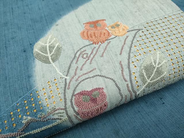 平和屋着物●中国三大刺繍　スワトウ相良刺繍　総刺繍　九寸名古屋帯　紬地　フクロウ　枝葉文　正絹　逸品　CABD5893hy