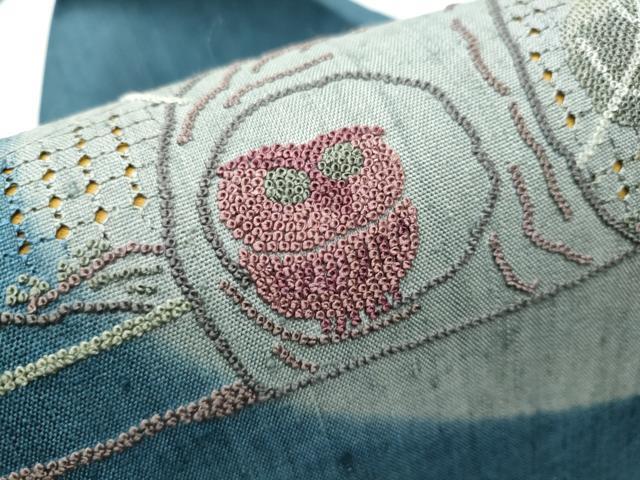 平和屋着物●中国三大刺繍　スワトウ相良刺繍　総刺繍　九寸名古屋帯　紬地　フクロウ　枝葉文　正絹　逸品　CABD5893hy