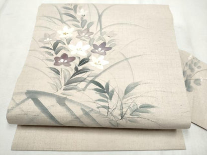 平和屋着物●九寸名古屋帯　手描き　紬地　桔梗文　金彩　正絹　逸品　CABD5895hy