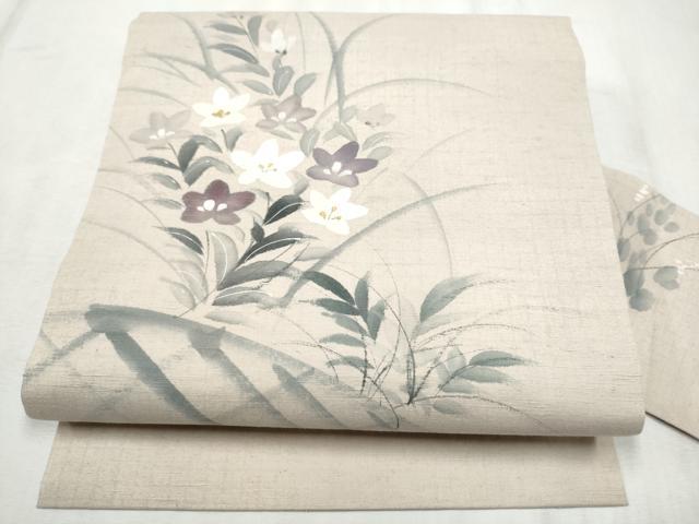 平和屋着物●九寸名古屋帯　手描き　紬地　桔梗文　金彩　正絹　逸品　CABD5895hy