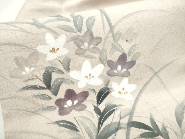 平和屋着物●九寸名古屋帯　手描き　紬地　桔梗文　金彩　正絹　逸品　CABD5895hy