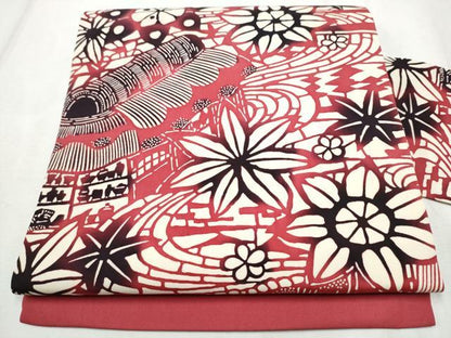 平和屋着物●塩瀬　全通柄　九寸名古屋帯　型染め　風景花文　正絹　逸品　CABD5898hy