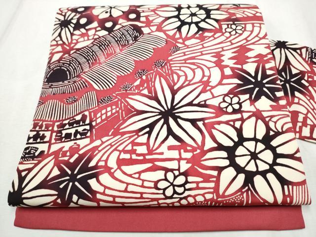 平和屋着物●塩瀬　全通柄　九寸名古屋帯　型染め　風景花文　正絹　逸品　CABD5898hy