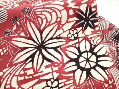 平和屋着物●塩瀬　全通柄　九寸名古屋帯　型染め　風景花文　正絹　逸品　CABD5898hy