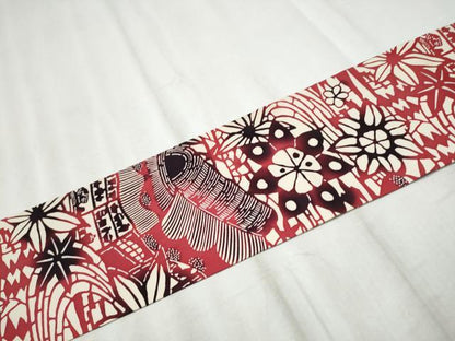 平和屋着物●塩瀬　全通柄　九寸名古屋帯　型染め　風景花文　正絹　逸品　CABD5898hy
