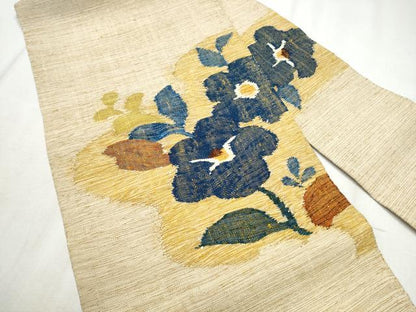 平和屋着物●八寸名古屋帯　紬地　草花文　正絹　逸品　CABD5900hy