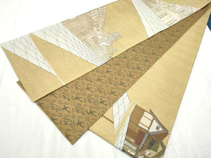 平和屋着物●両面　太鼓柄袋帯　作家物　風景文　金通し地　鈴乃屋扱い　正絹　逸品　CABD5905hy