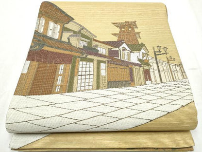 平和屋着物●両面　太鼓柄袋帯　作家物　風景文　金通し地　鈴乃屋扱い　正絹　逸品　CABD5905hy