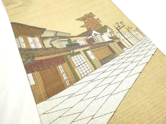 平和屋着物●両面　太鼓柄袋帯　作家物　風景文　金通し地　鈴乃屋扱い　正絹　逸品　CABD5905hy