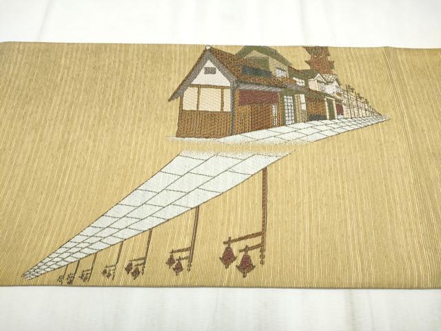 平和屋着物●両面　太鼓柄袋帯　作家物　風景文　金通し地　鈴乃屋扱い　正絹　逸品　CABD5905hy