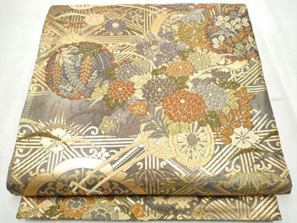 平和屋着物●佐賀錦　六通柄袋帯　唐織　雪輪花車文　金糸　正絹　逸品　CABD5917hy