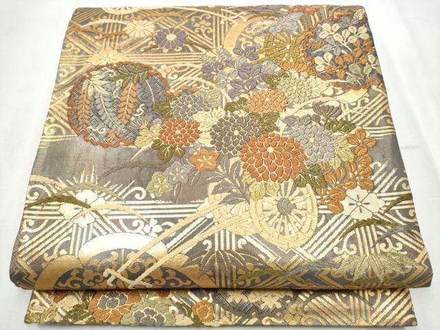 平和屋着物●佐賀錦　六通柄袋帯　唐織　雪輪花車文　金糸　正絹　逸品　CABD5917hy