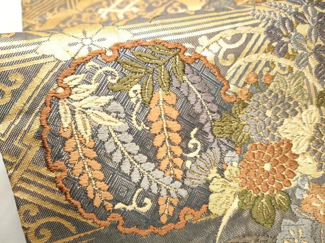 平和屋着物●佐賀錦　六通柄袋帯　唐織　雪輪花車文　金糸　正絹　逸品　CABD5917hy