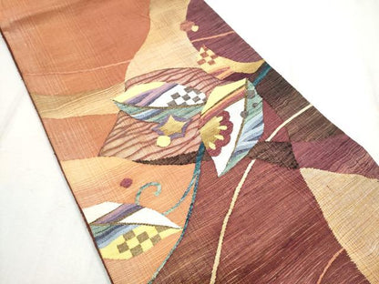 平和屋着物▽太鼓柄袋帯 スリーシーズン 春夏秋 櫛織 幾何学文様 金糸 正絹 逸品 CABD5921hy