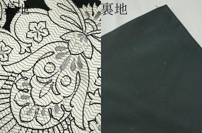 平和屋着物●六通柄袋帯　唐織　更紗花文　黒地　銀糸　正絹　逸品　CABD5924hy