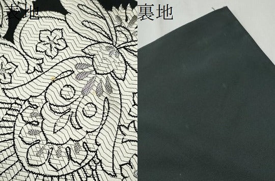 平和屋着物●六通柄袋帯　唐織　更紗花文　黒地　銀糸　正絹　逸品　CABD5924hy