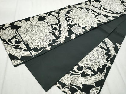平和屋着物●六通柄袋帯　唐織　更紗花文　黒地　銀糸　正絹　逸品　CABD5924hy