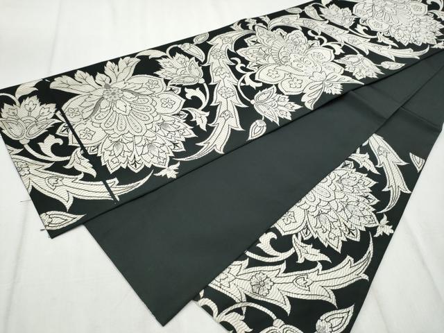 平和屋着物●六通柄袋帯　唐織　更紗花文　黒地　銀糸　正絹　逸品　CABD5924hy