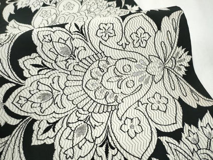 平和屋着物●六通柄袋帯　唐織　更紗花文　黒地　銀糸　正絹　逸品　CABD5924hy