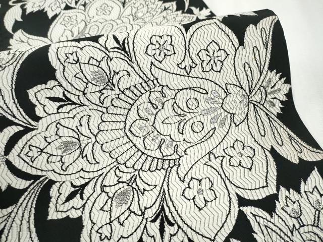 平和屋着物●六通柄袋帯　唐織　更紗花文　黒地　銀糸　正絹　逸品　CABD5924hy
