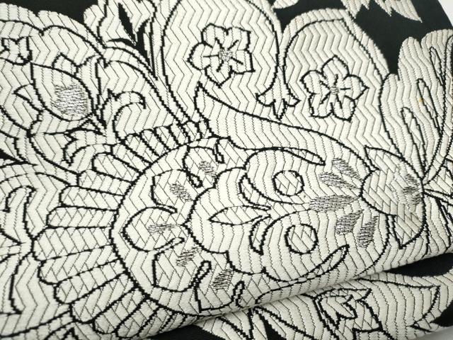 平和屋着物●六通柄袋帯　唐織　更紗花文　黒地　銀糸　正絹　逸品　CABD5924hy