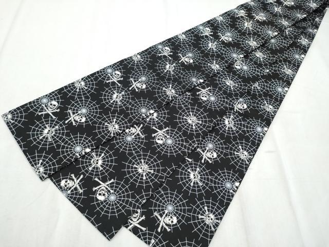 平和屋着物●半幅帯　ガイコツ　骸骨　クモの巣　黒地　綿　逸品　CABD5939hy