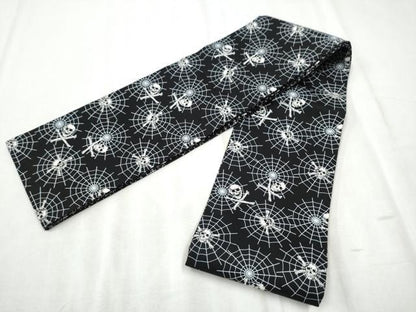 平和屋着物●半幅帯　ガイコツ　骸骨　クモの巣　黒地　綿　逸品　CABD5939hy
