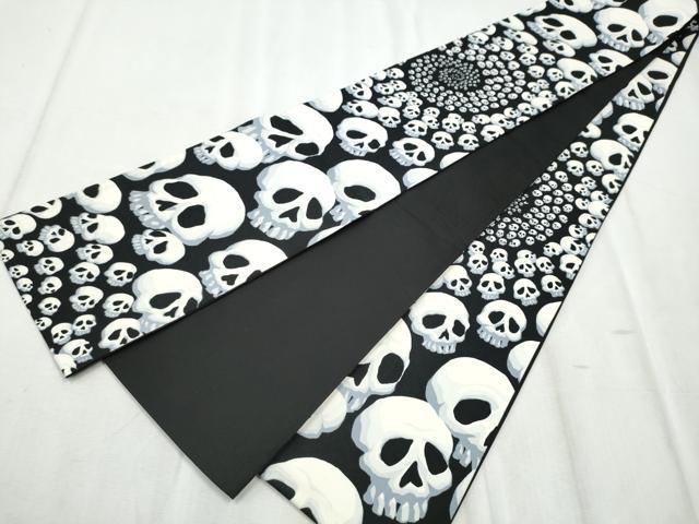 平和屋着物●半幅帯　ガイコツ　骸骨　黒地　綿　逸品　CABD5941hy