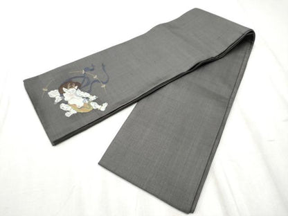 平和屋着物●半幅帯　紬地　ワンポイント　雷神　正絹　逸品　CABD5945hy