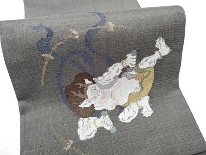 平和屋着物●半幅帯　紬地　ワンポイント　雷神　正絹　逸品　CABD5945hy