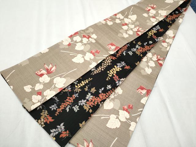 平和屋着物●両面　半幅帯　金魚　枝花文　綿　逸品　CABD5948hy