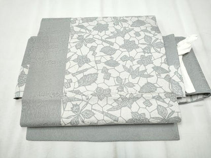 平和屋着物●つけ帯　扇面草花文　正絹　逸品　CABD5950hy