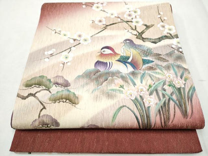平和屋着物●太鼓柄袋帯　手描き　鴛鴦枝梅文　金通し地　正絹　逸品　CABD5967hy