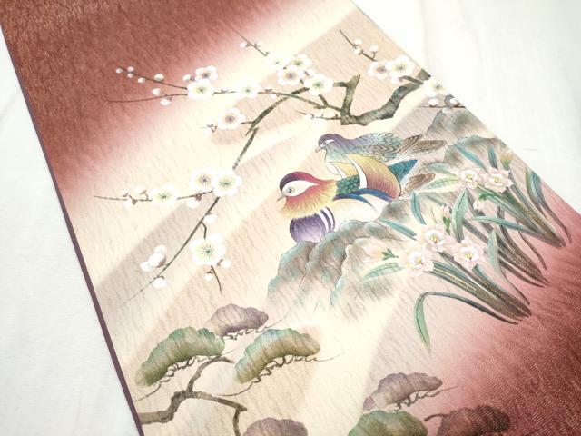 平和屋着物●太鼓柄袋帯　手描き　鴛鴦枝梅文　金通し地　正絹　逸品　CABD5967hy
