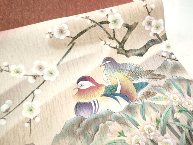 平和屋着物●太鼓柄袋帯　手描き　鴛鴦枝梅文　金通し地　正絹　逸品　CABD5967hy