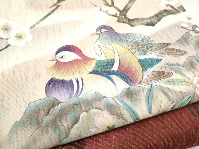 平和屋着物●太鼓柄袋帯　手描き　鴛鴦枝梅文　金通し地　正絹　逸品　CABD5967hy
