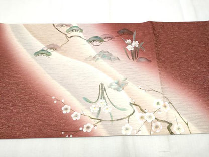 平和屋着物●太鼓柄袋帯　手描き　鴛鴦枝梅文　金通し地　正絹　逸品　CABD5967hy