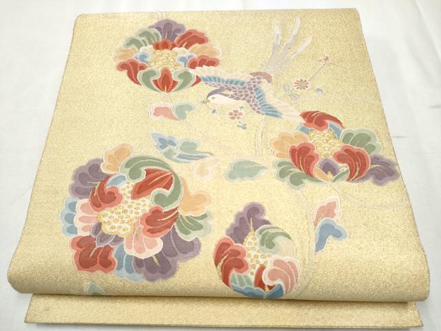 平和屋着物●太鼓柄袋帯　綴れ　更紗花鳥文　金糸　正絹　逸品　CABD5984hy